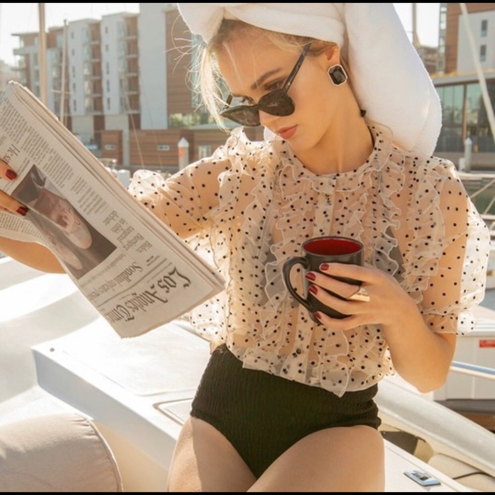 Zara~Sheer Light Taupe with Polka Dots & Puff Sleeves ,Delicate Ruffle Detailing